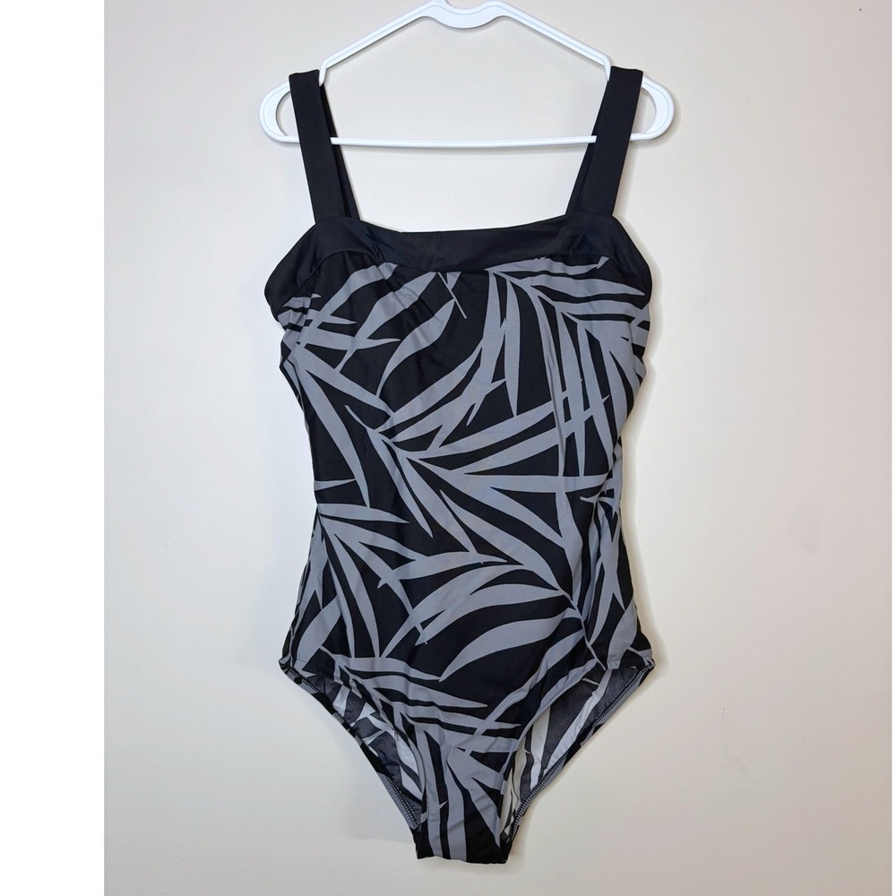 Miraclesuit‎ Womens Black Gray Tropical Palm Leaf Print One Piece Swimsuit Swim